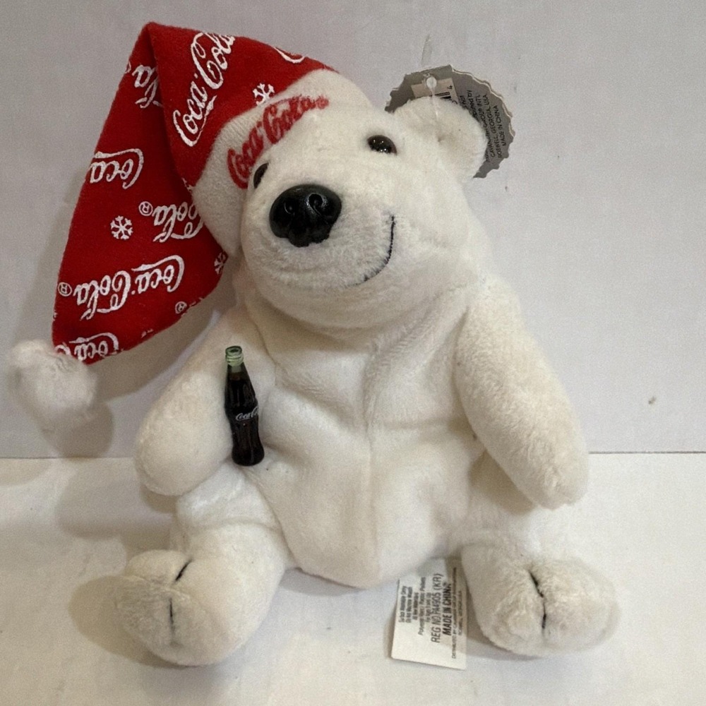 Coca-Cola 1998 Polar Bear Plush Stuffed Animal w/ Red Hat & Coke Bottle